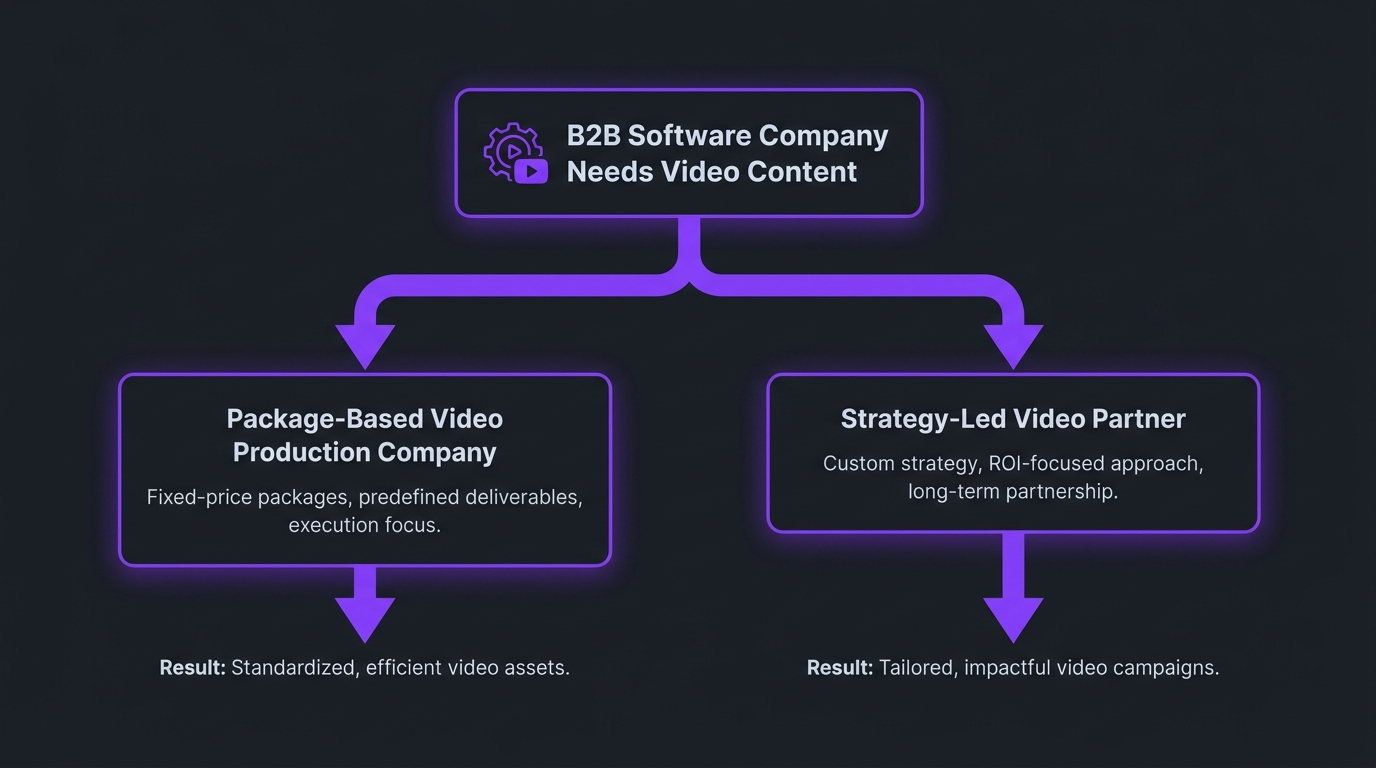 Decision flow: package-based video production company versus strategy-led video partner for a B2B software company