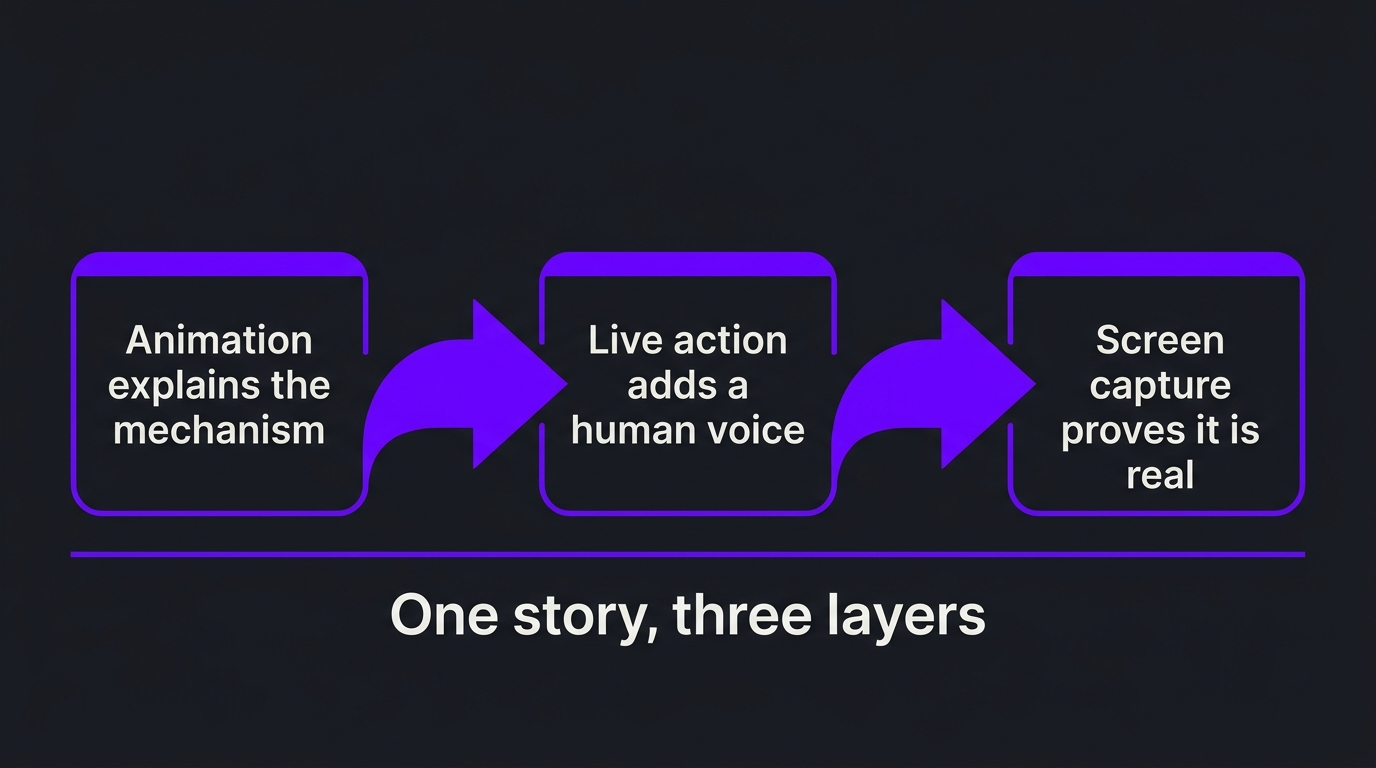 Live Action vs Animation for SaaS Explainer Videos 2 Hybrid explainer structure: animation explains the mechanism, live action adds a human voice, screen capture proves it is real