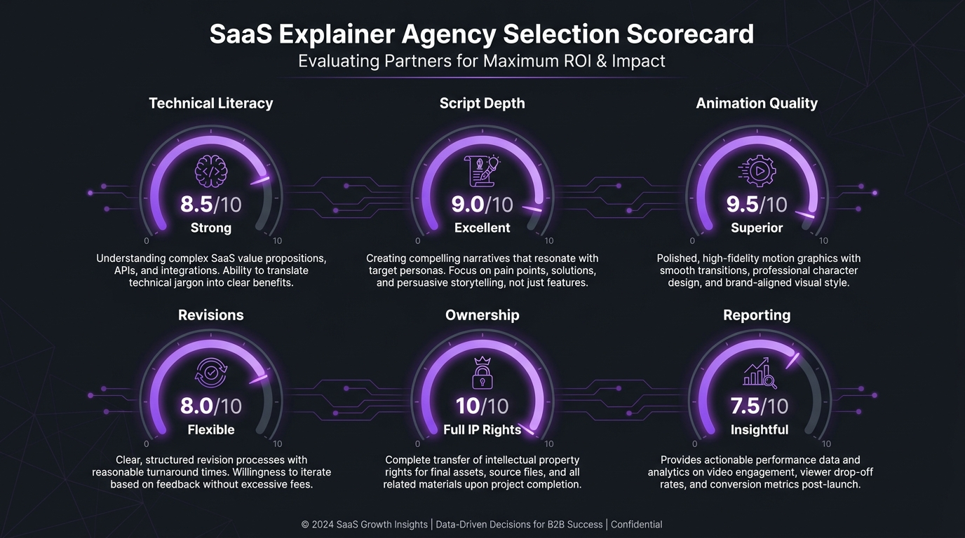 SaaS Explainer Video Agency: Cost, Process, How to Pick 1 Scorecard graphic for evaluating a SaaS explainer video agency across six criteria
