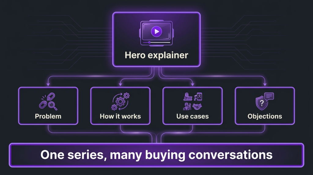 Dark diagram of a SaaS explainer video series: one hero explainer feeding four chapter videos on the problem, how it works, use cases and objections