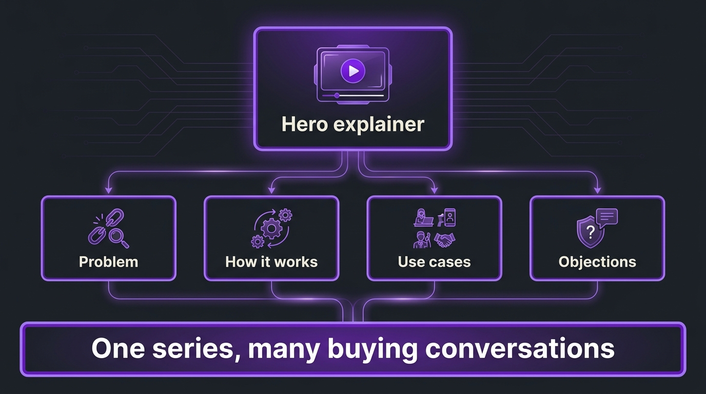 Dark diagram of a SaaS explainer video series: one hero explainer feeding four chapter videos on the problem, how it works, use cases and objections