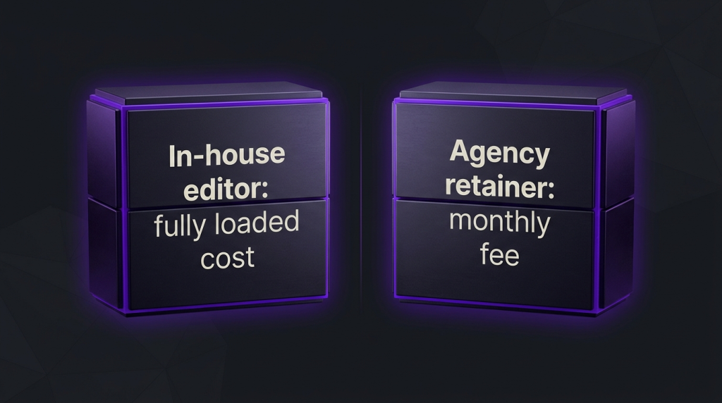 Two dark blocks comparing the fully loaded cost of an in-house video editor with a monthly agency retainer fee