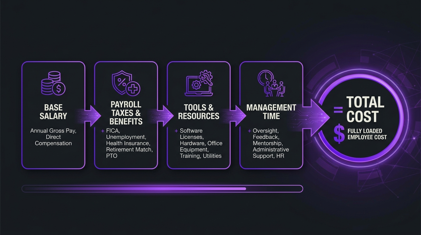 Video Editor Salary vs Agency Retainer: In-House Cost 2026 1 Flow diagram showing base salary plus payroll taxes and benefits plus tools plus management time adding up to total fully loaded employee cost